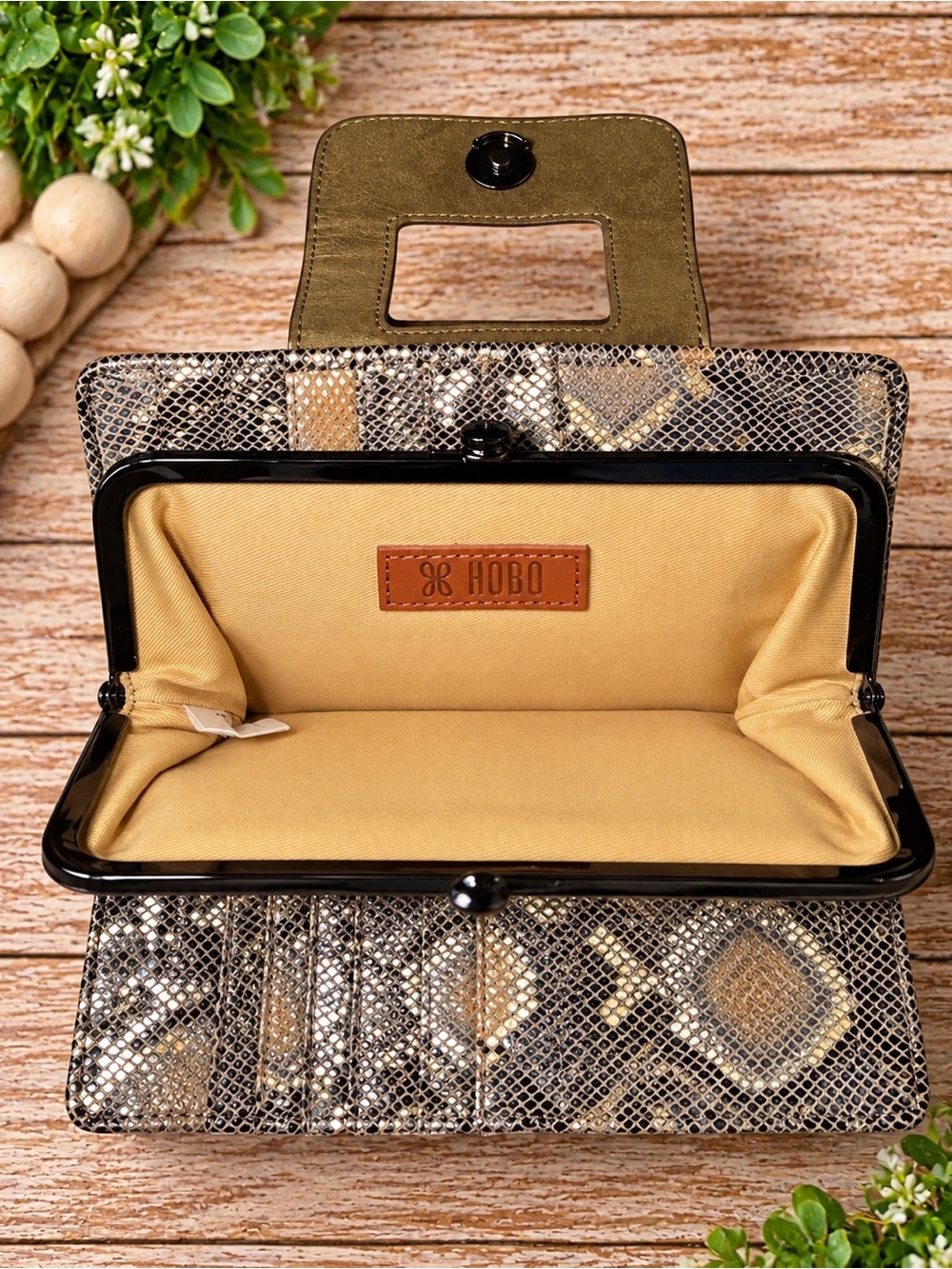 HOBO Lauren Metallic Snakeskin Leather Double Frame Clutch Wallet Wristlet